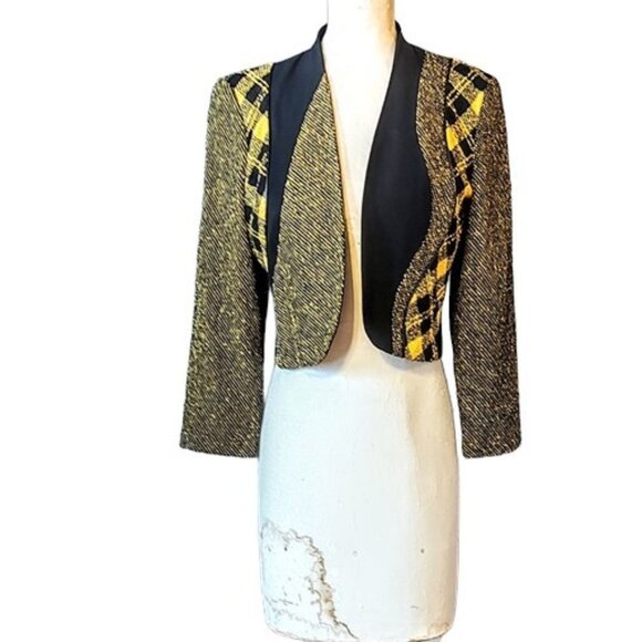 City Girl Nancy Bolen Jackets & Blazers - 1990s Vintage Black & Yellow Color Blocked Cropped Short Jacket Mixed Fabrics